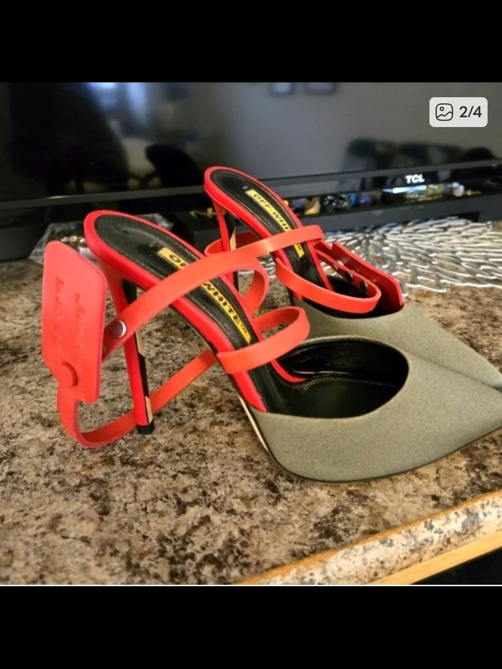 Off-White Pointed Toe Strappy Heels in Red and Gray